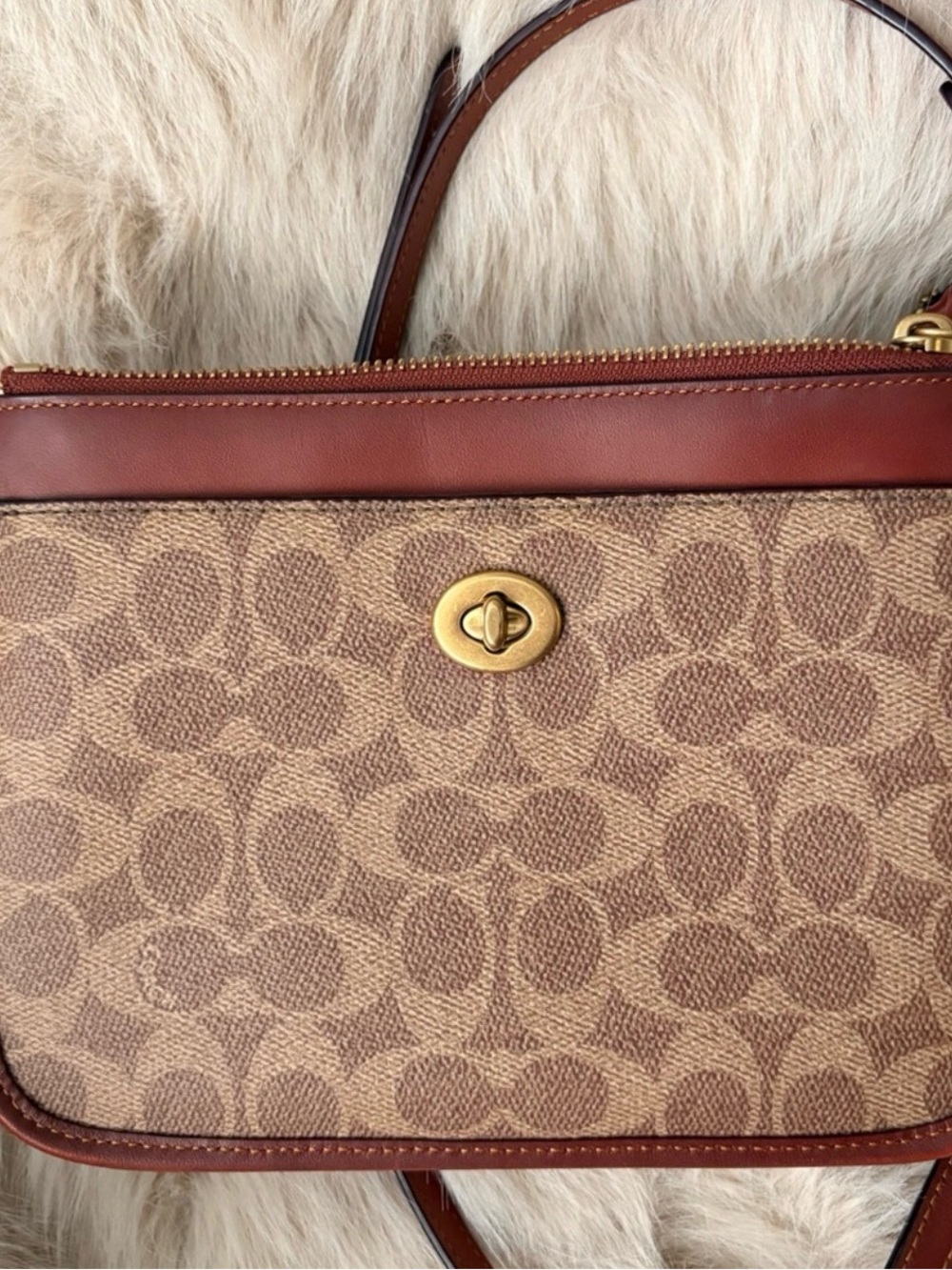 Coach Tan Signature Canvas Crossbody with Brown Leather Trim